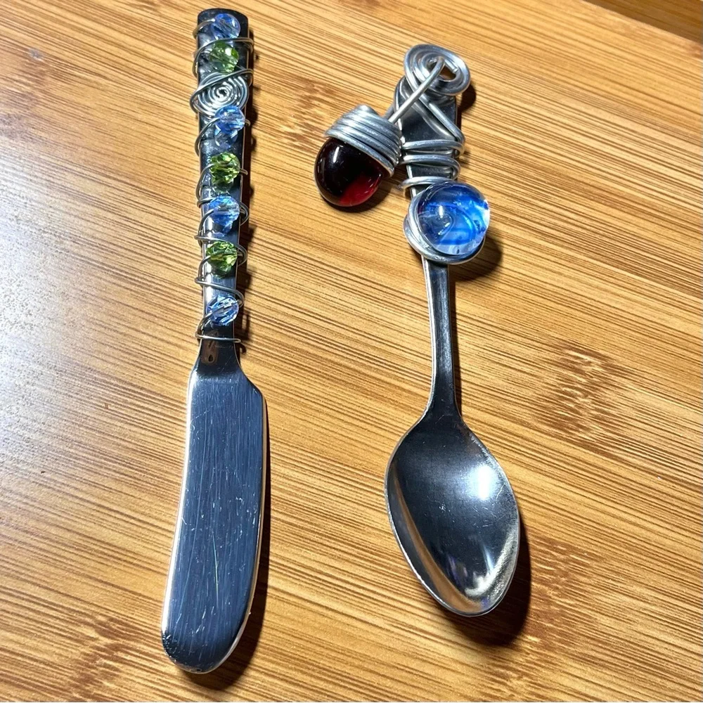Wire & Bead Wrapped Stainless Steel Flatware Condiment Spoon Butter/Spread Knife
